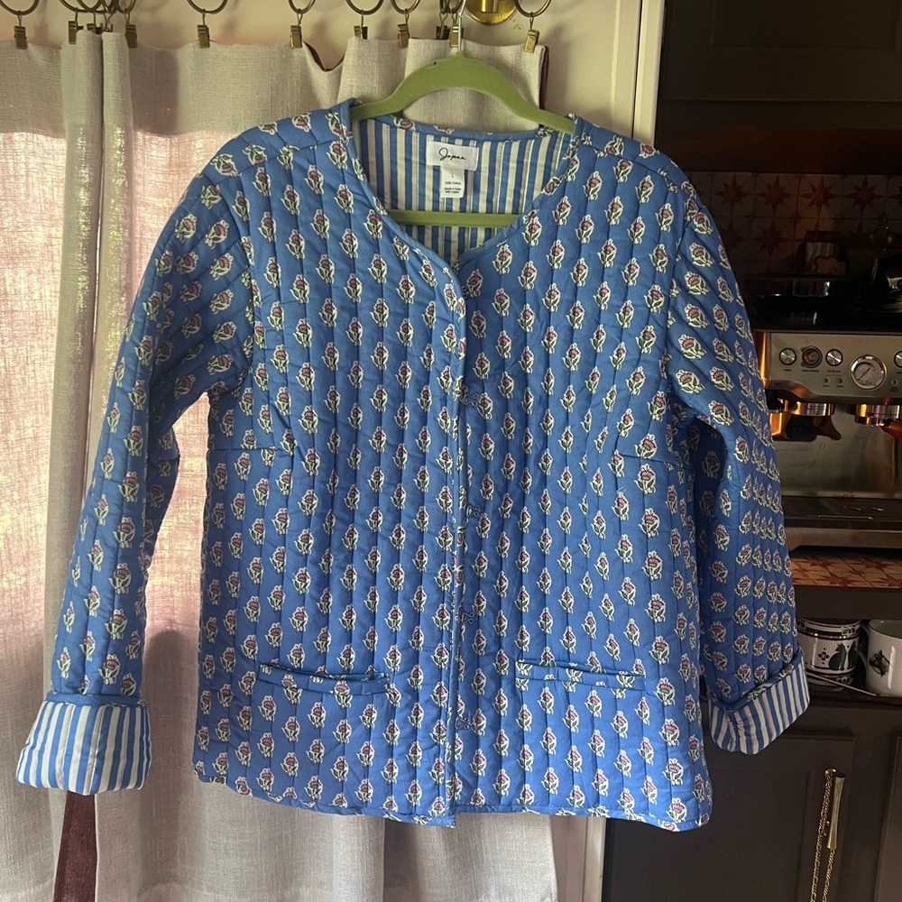 Cotton Blue Floral and Striped Quilted Jacket